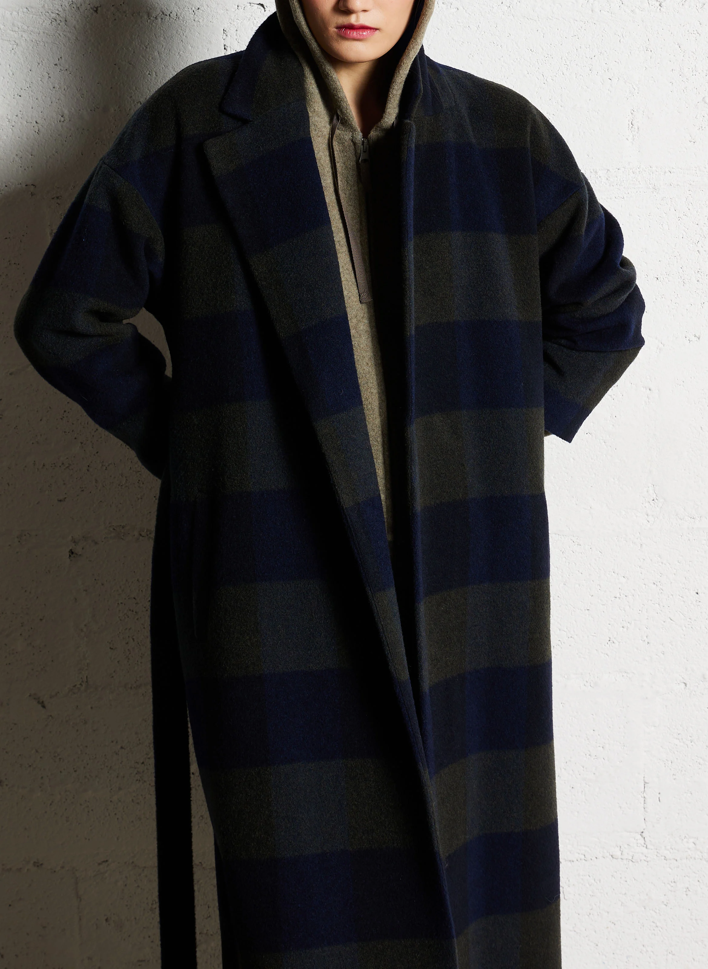 SAMY - Manteau long droit à carreaux en laine mélangée | Vert
