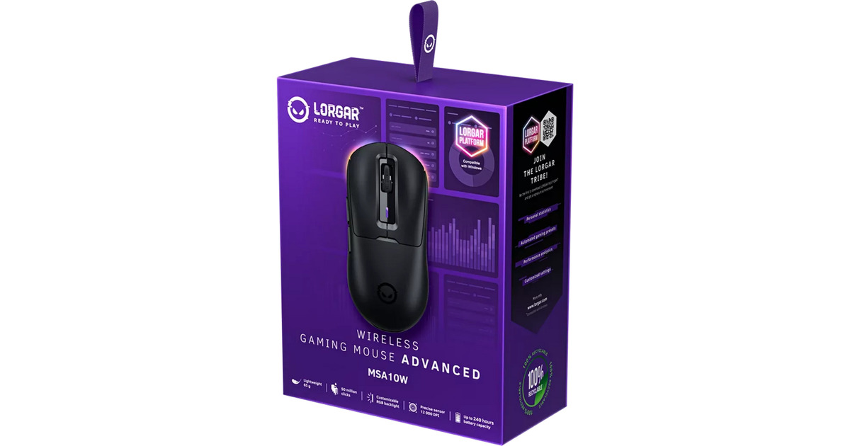 LORGARMSA10W gaming muis  (Zwart, 100 - 12000 dpi, RGB, Lightweight)
