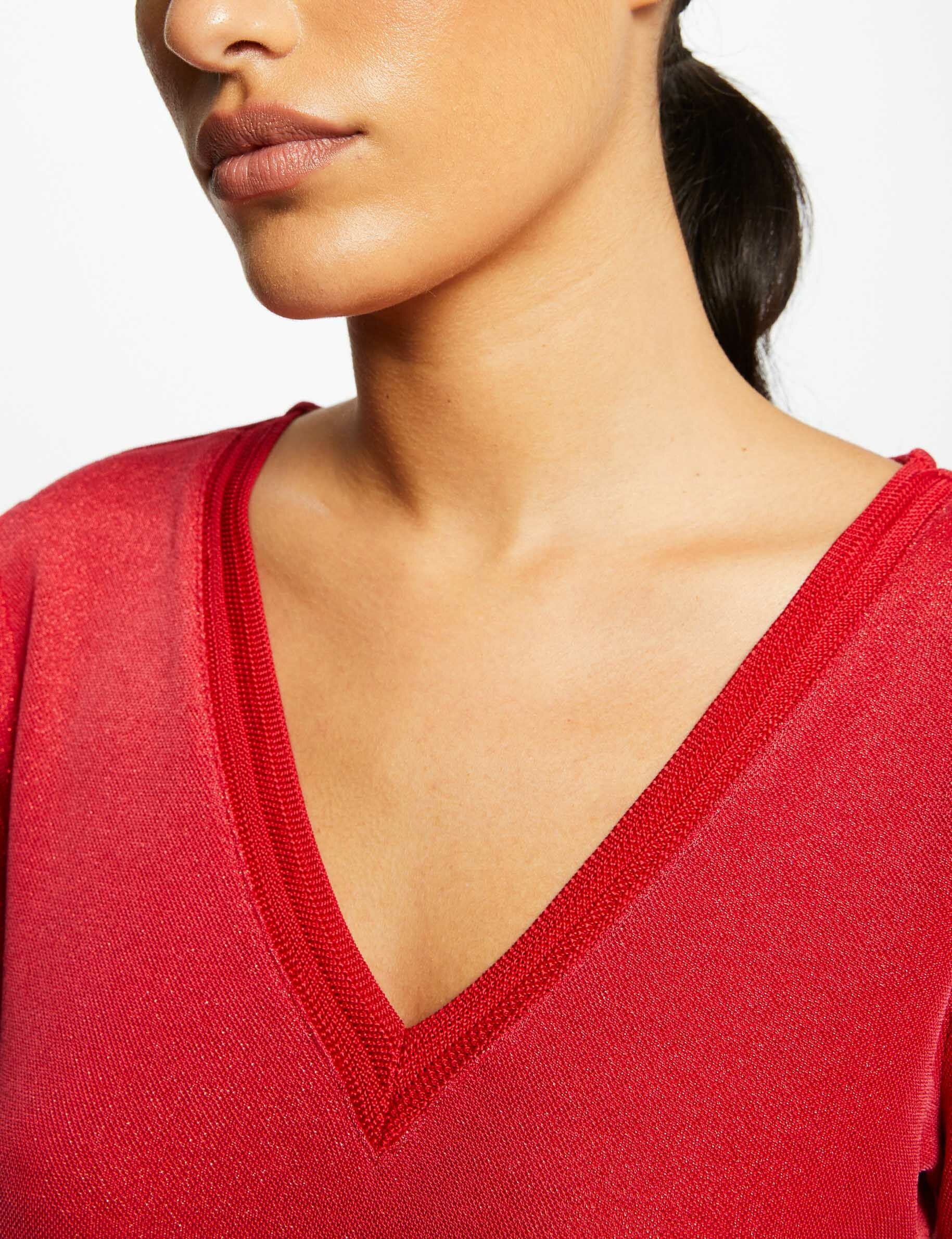 T-shirt manches courtes avec col en V framboise femme - framboise