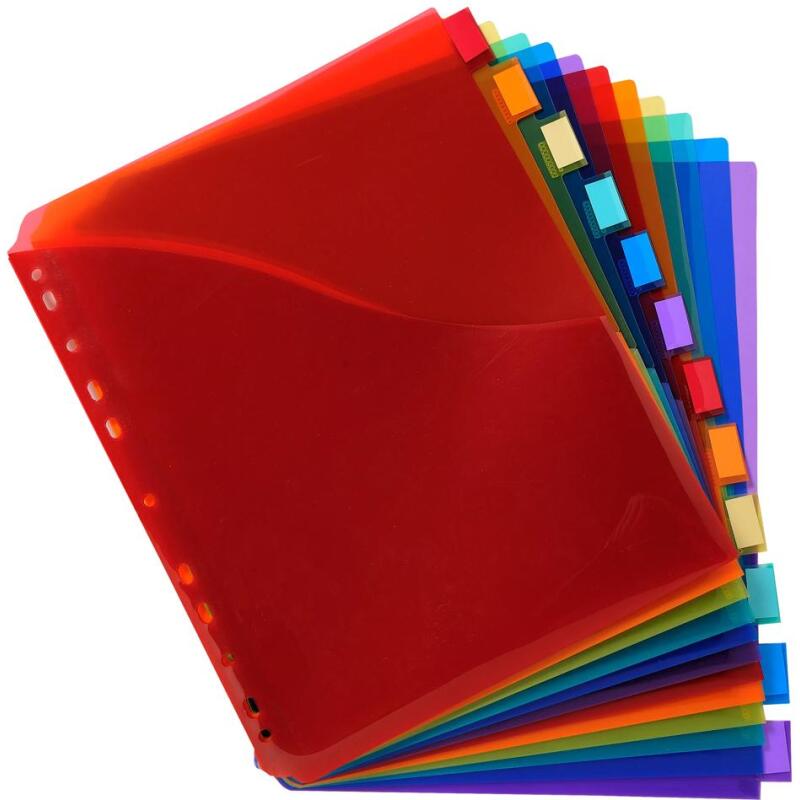 Intercalaires avec pochette polypropylène 12 positions - A4 maxi - Couleurs assorties