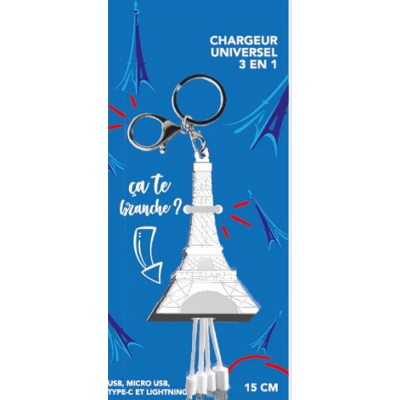 Câble téléphone portable Yello Koko Multi-Connecteur Tour Eiffel vers USB-C/Micro-USB/Lightning