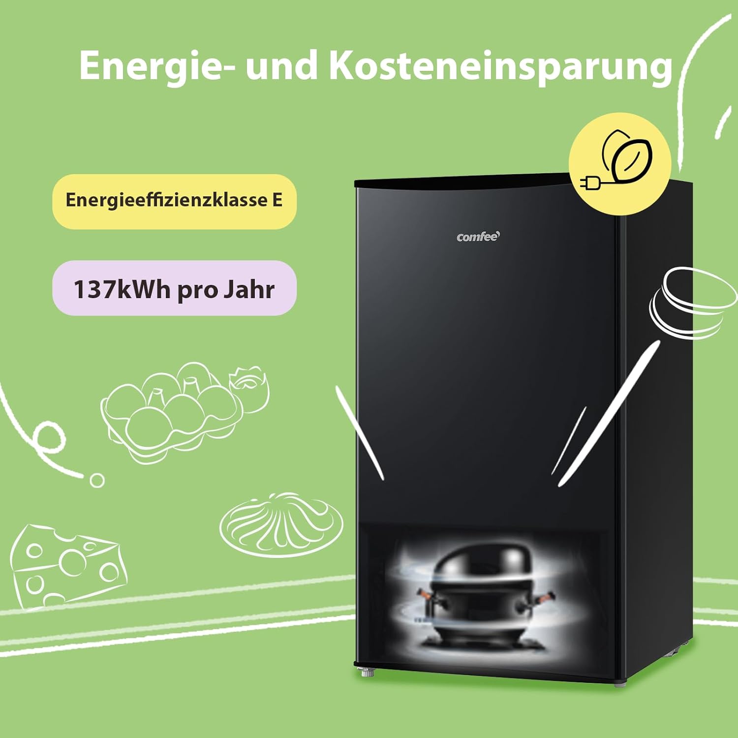 Comfee RCD115DK2 Kühlschrank mit Gefrierfach/ 80L Tischkühlschrank/mit 12 L Gefrierfach/ -18 °C bis -8 °C/ 4-Sterne-Gefrierschrank-Bewertung/ 137 kWh/Jahr/Einstellbare Temperaturregelung/Schwarz