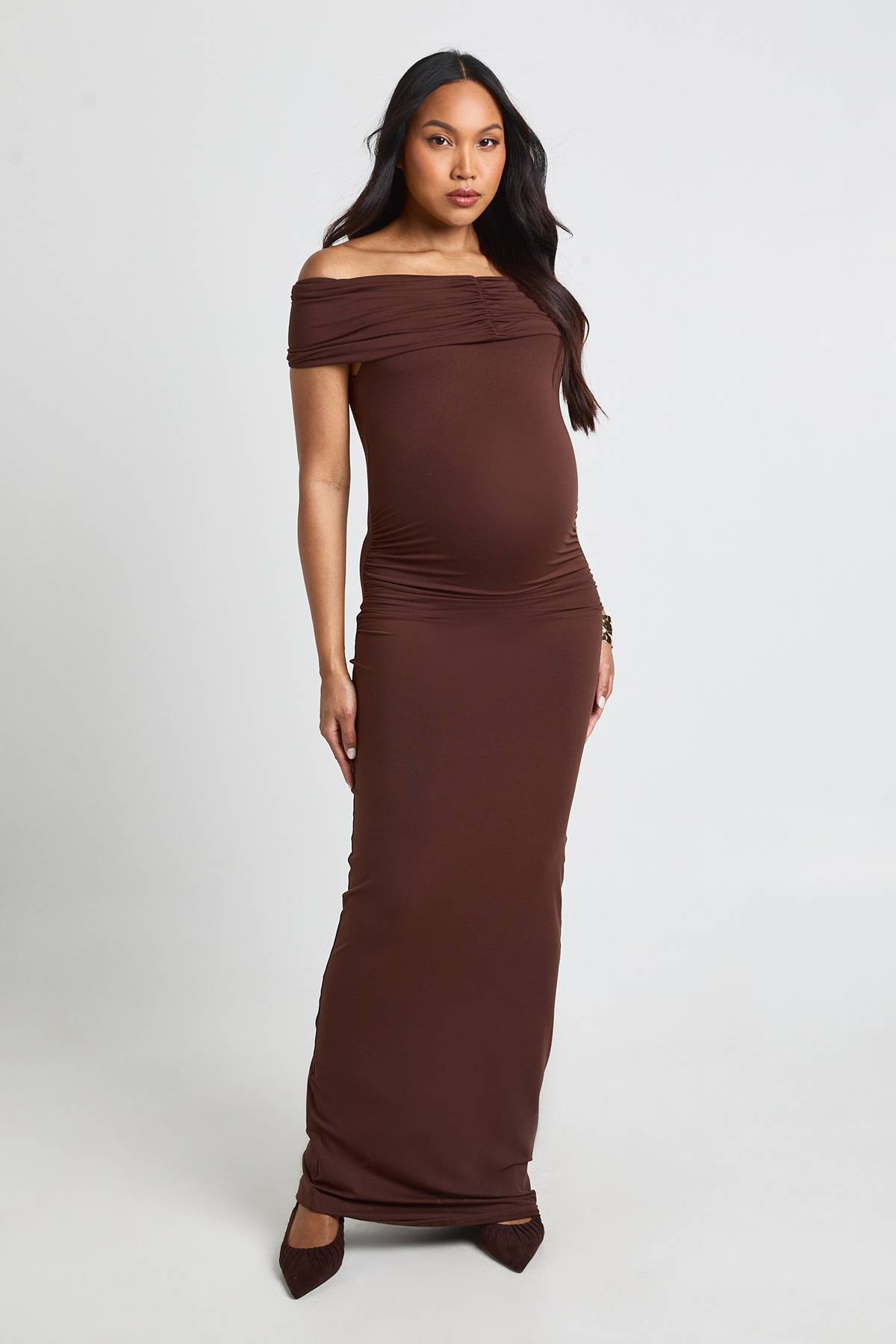 boohoo Robe Maxi De Maternité Bardot Froncée