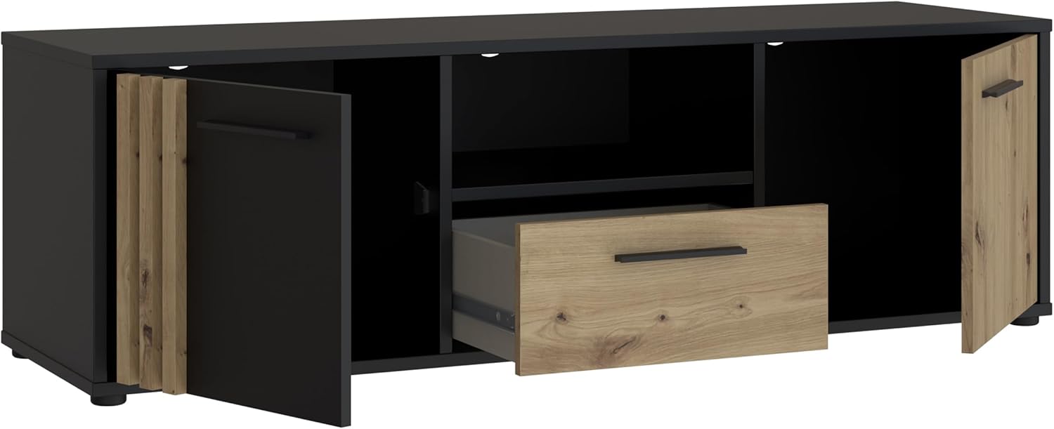 Forte Cardigan TV-Schrank 140 150, modernes Lowboard, 2-türig, 1 Schublade, Wohnzimmer, Holzwerkstoff, Artisan Eiche Holzdekor|Schwarz, 142,6 cm breit x 43,9 cm hoch x 41,5 cm tief