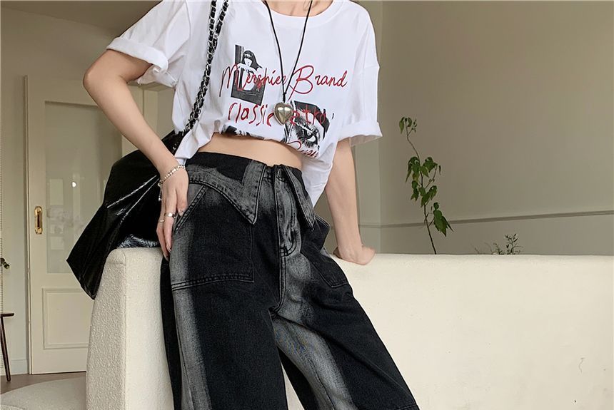 AXEN - Middelhoge taille contrasterende rand wijde pijpen jeans