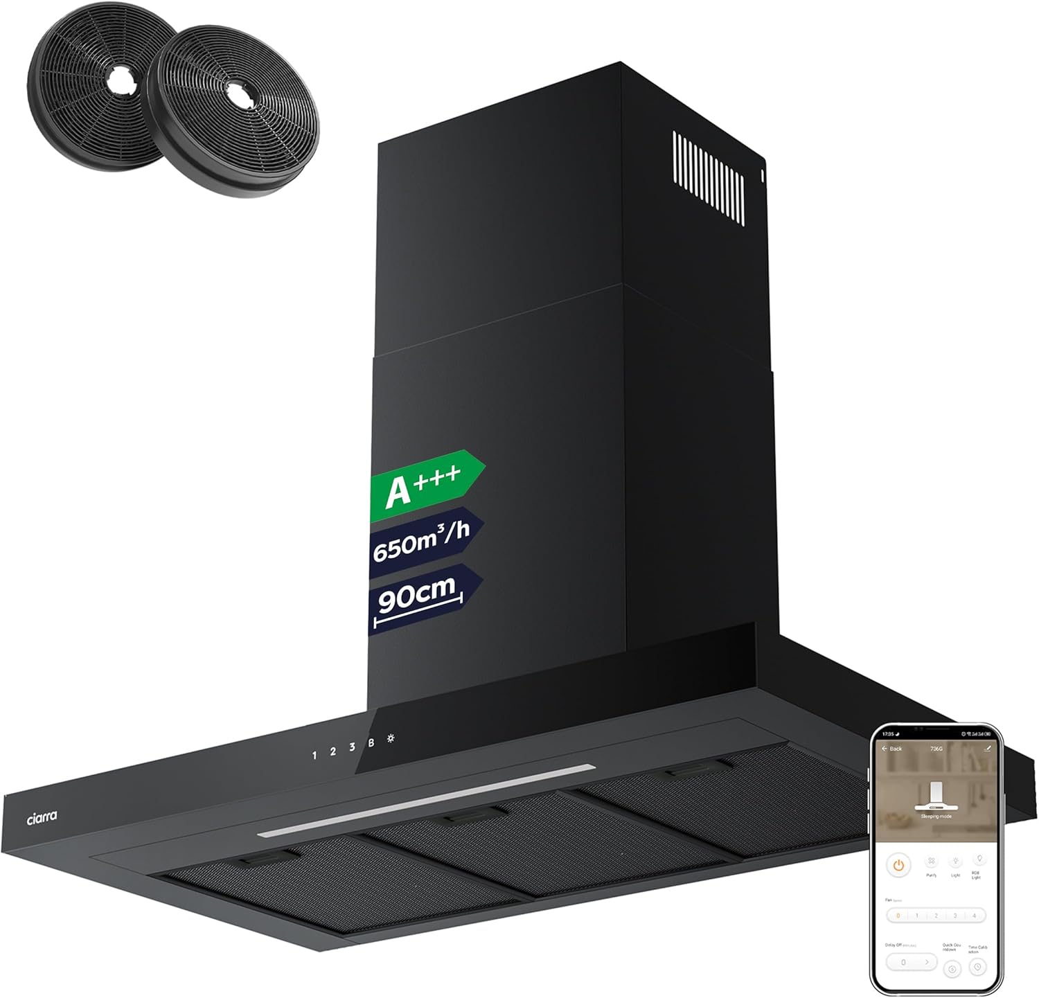 CIARRA CBCB9102 A+++ Dunstabzugshaube 90 cm Umluft Abluft Schwarz App Gesteuert Touch-Bedienung 650m³/h 3 Stufen Booster Abzugshaube Wandabzugshaube Wandhaube mit CBCF003 Aktivkohlefilter