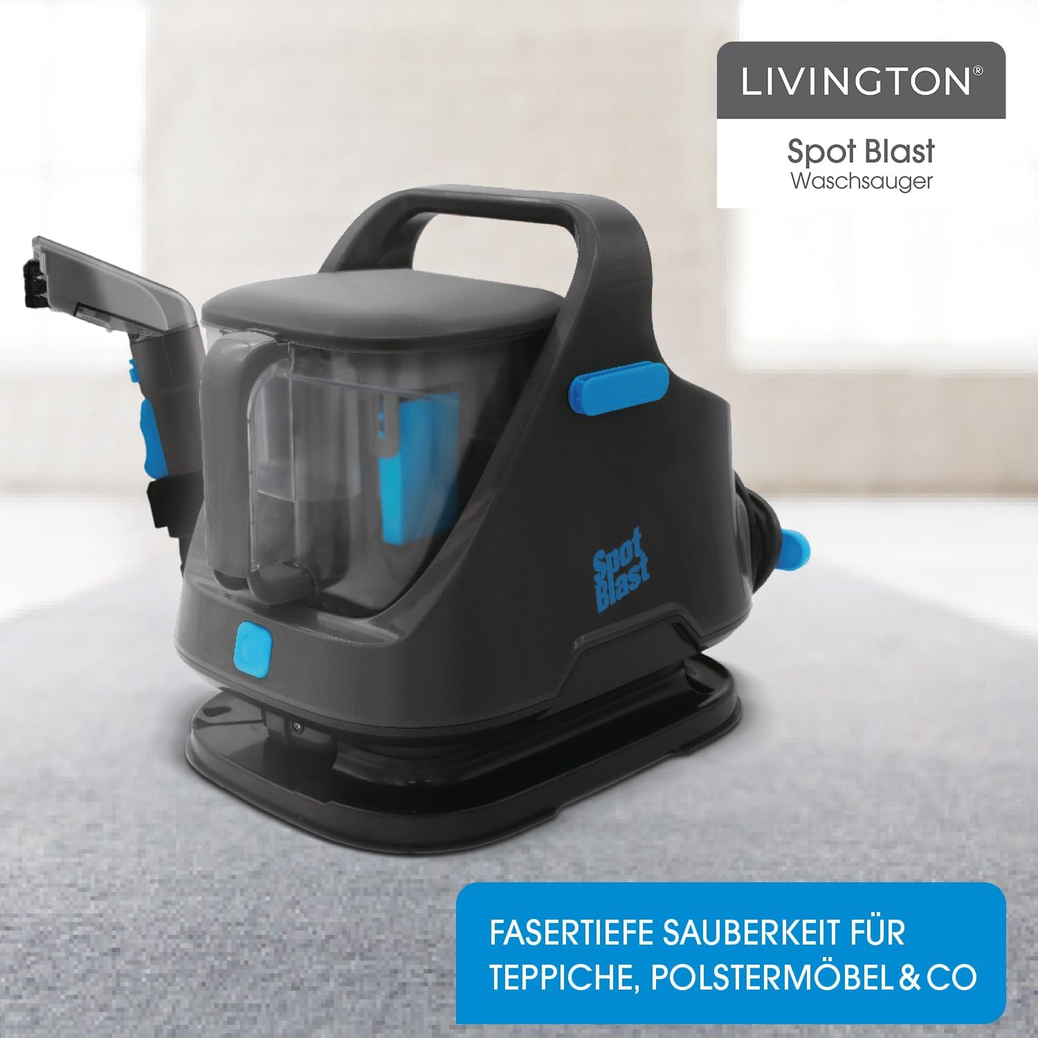 Livington SpotBlast - Waschsauger & Fleckenreiniger für Teppich, Sofa, Polster & Auto - leistungsstarker Polsterreiniger mit 3in1 Bürste - Teppichreiniger für Tierflecken - Nasssauger Polsterreiniger
