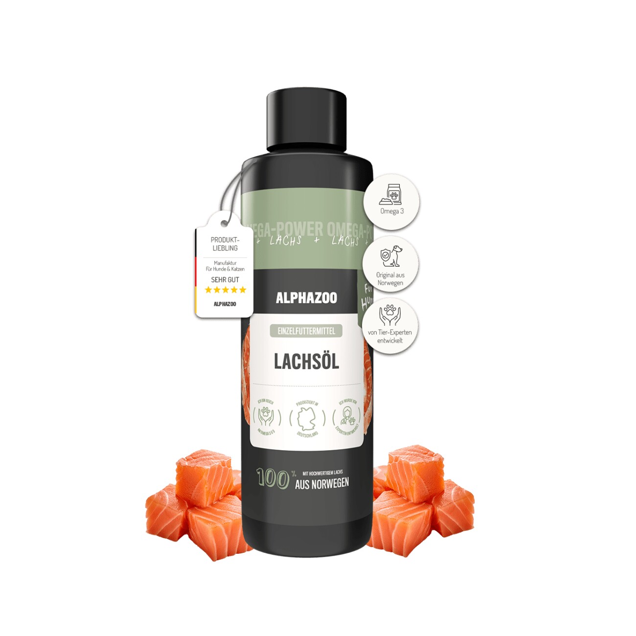 ALPHAZOO Premium Lachsöl für Hunde & Katzen I Natürliches Omega-3 Fischöl 250 ml