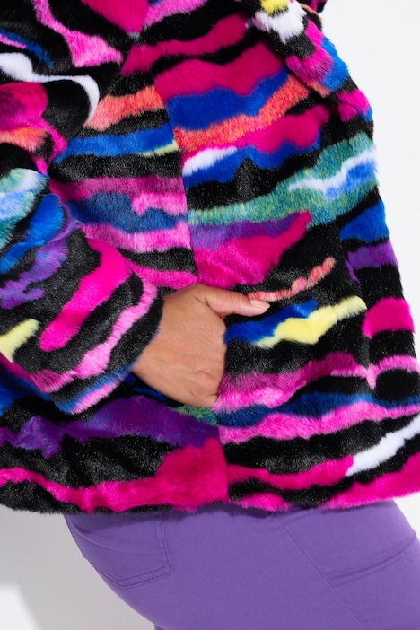 Plüschjacke, Straight Fit, offene Form, farbiges Muster
