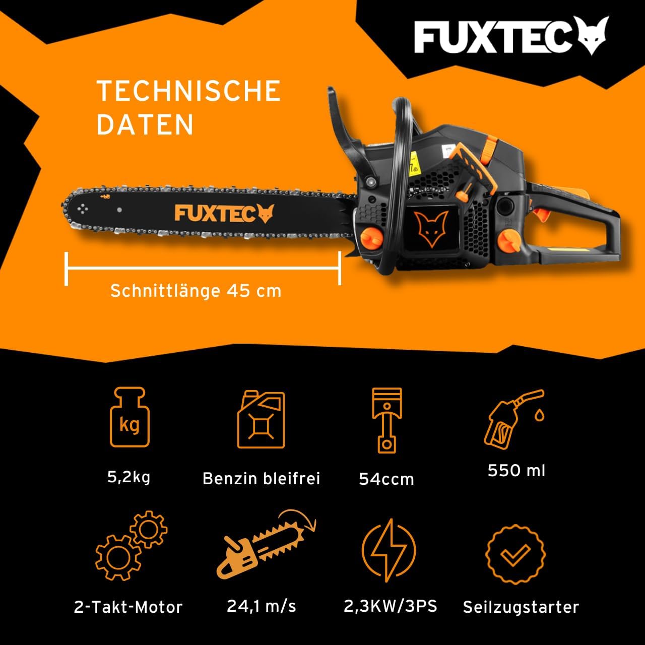 FUXTEC Benzin Kettensäge FX-KS255 – Motorsäge 2,3kw 54ccm Hubraum & EASY-Start – Schwertlänge 52cm inkl. Schwertschutz & Tragetasche