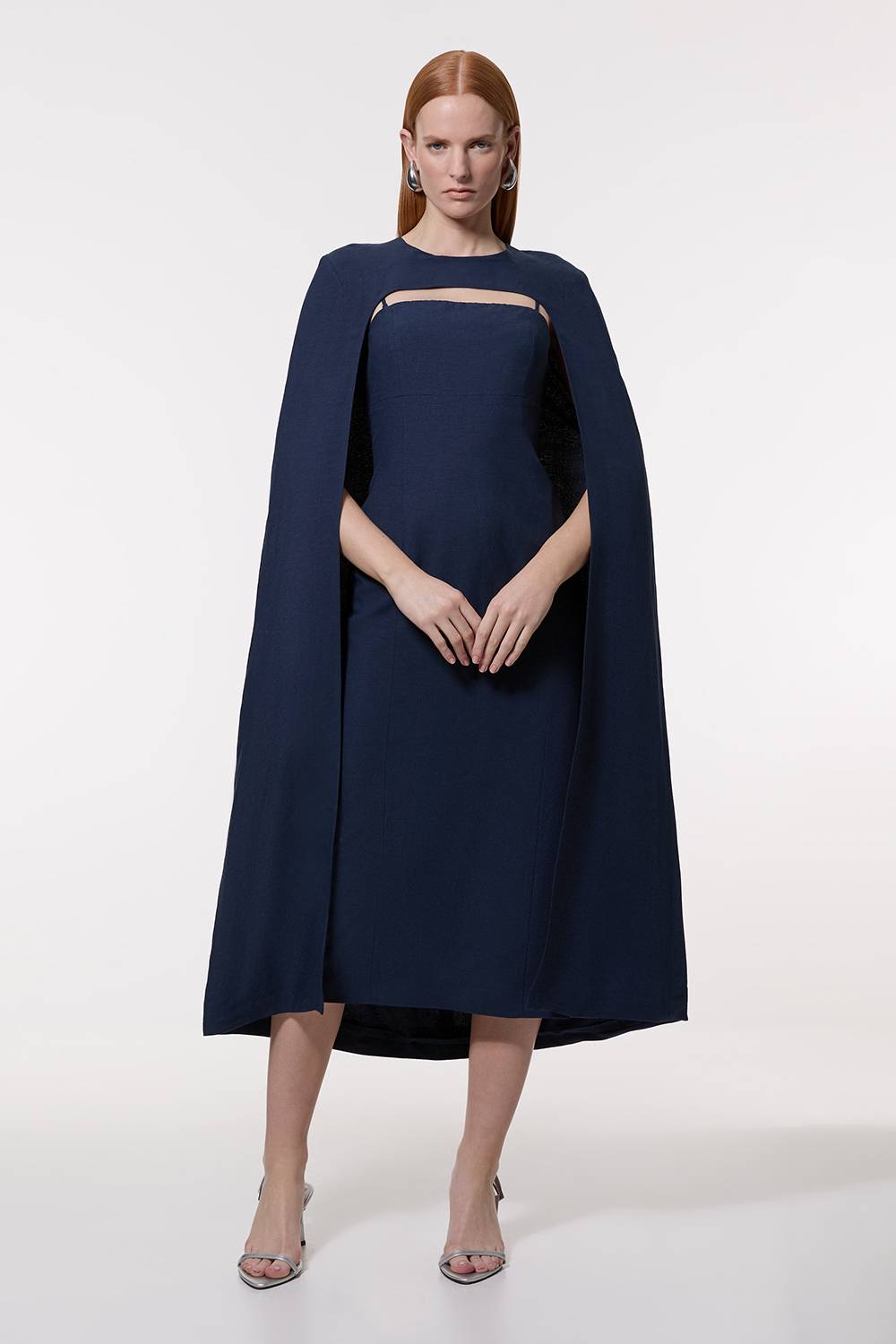 KarenMillen Robe midi en lin haut de gamme sur-mesure à cape dramatique