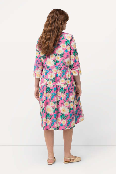 Hemdblusenkleid, Blüten, A-Linie, Hemdkragen, 3/4-Arm