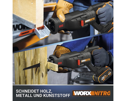 WORX Nitro 20V WX516.9 snoerloze reciprozaag, borstelloze motor + GRATIS bonusartikel 20V accu WA3644 (4,0Ah)