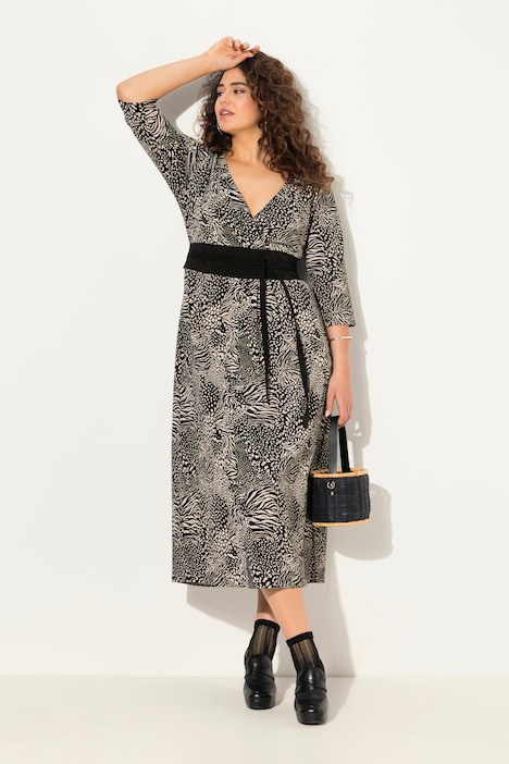 Jersey-Maxikleid, Animal, A-Linie, V-Ausschnitt, 3/4-Arm