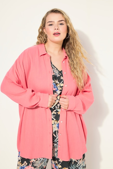 Musselin Bluse, oversized, Hemdkragen, Langarm