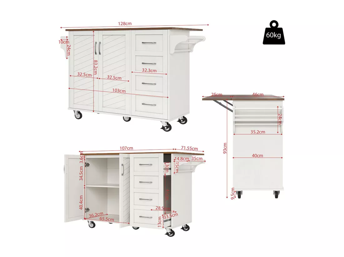 Chariot cuisine portes rayures diagonales amovible porte-serviettes étagère à épices plateau bois blanc