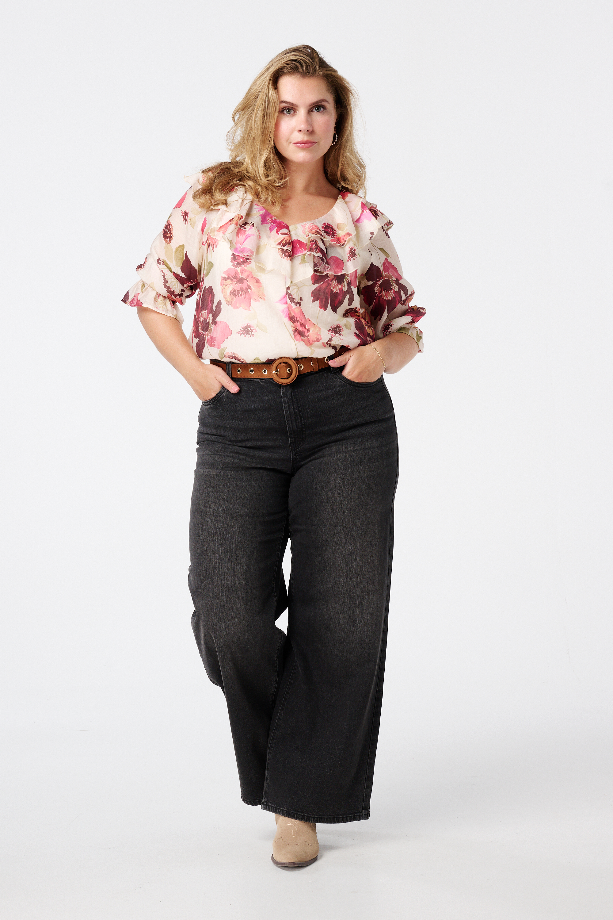 Blouse met ruches en print Multi Pink