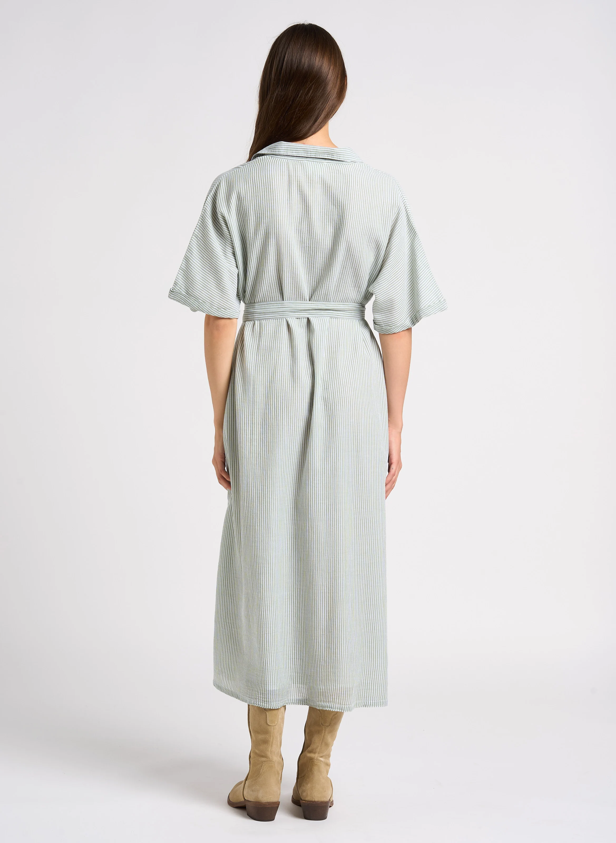 MANDIE - Robe chemise col classique rayée en coton | Vert