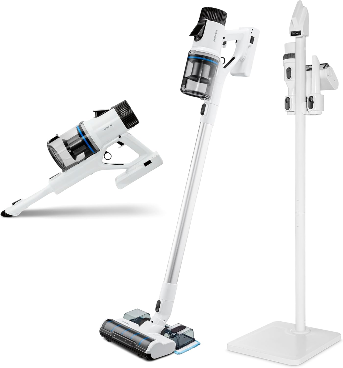 MEDION P400 W Stabstaubsauger mit Wischfunktion (kabellos, beutellos, Zyklon-Technologie, 400 Watt, 2in1 Stielstaubsauger Handstaubsauger, Akku, Staubsensor, HEPA H13, LED Touch Display, Bürstenrolle)