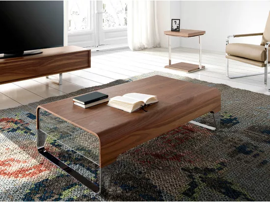 Table basse rectangulaire 2 tiroirs bois noyer et acier chromé Launa