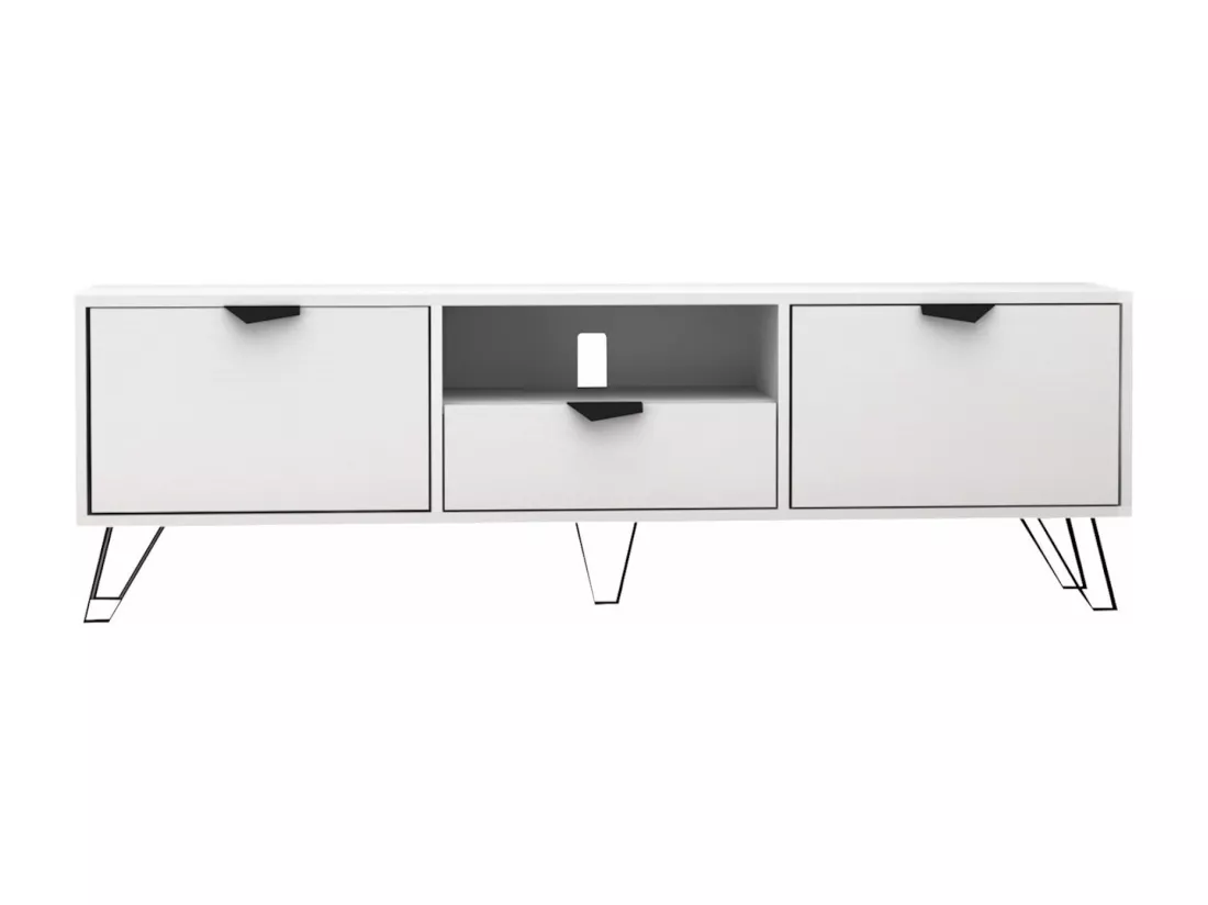 Meuble TV avec 2 portes, 1 tiroir et 1 niche - Blanc et Noir - CARDELIA