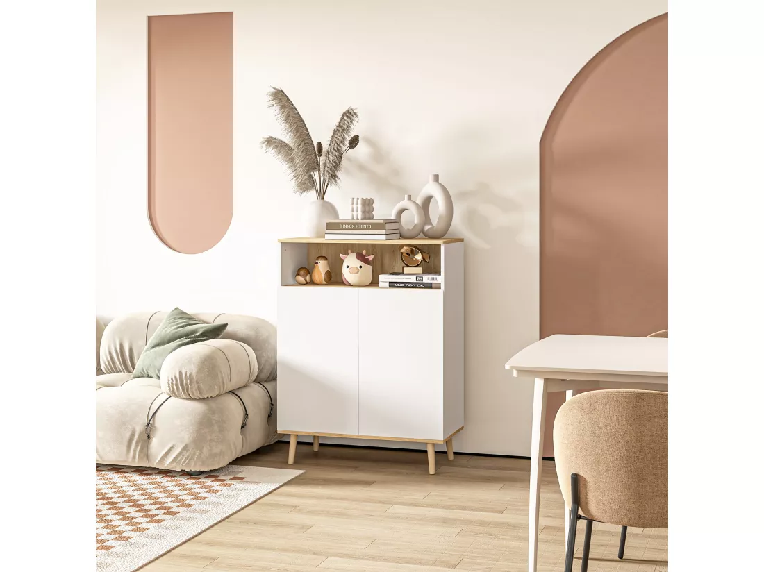 Buffet rangement design scandinave 2 portes étagère niche piètement bois pin panneaux blanc aspect chêne clair