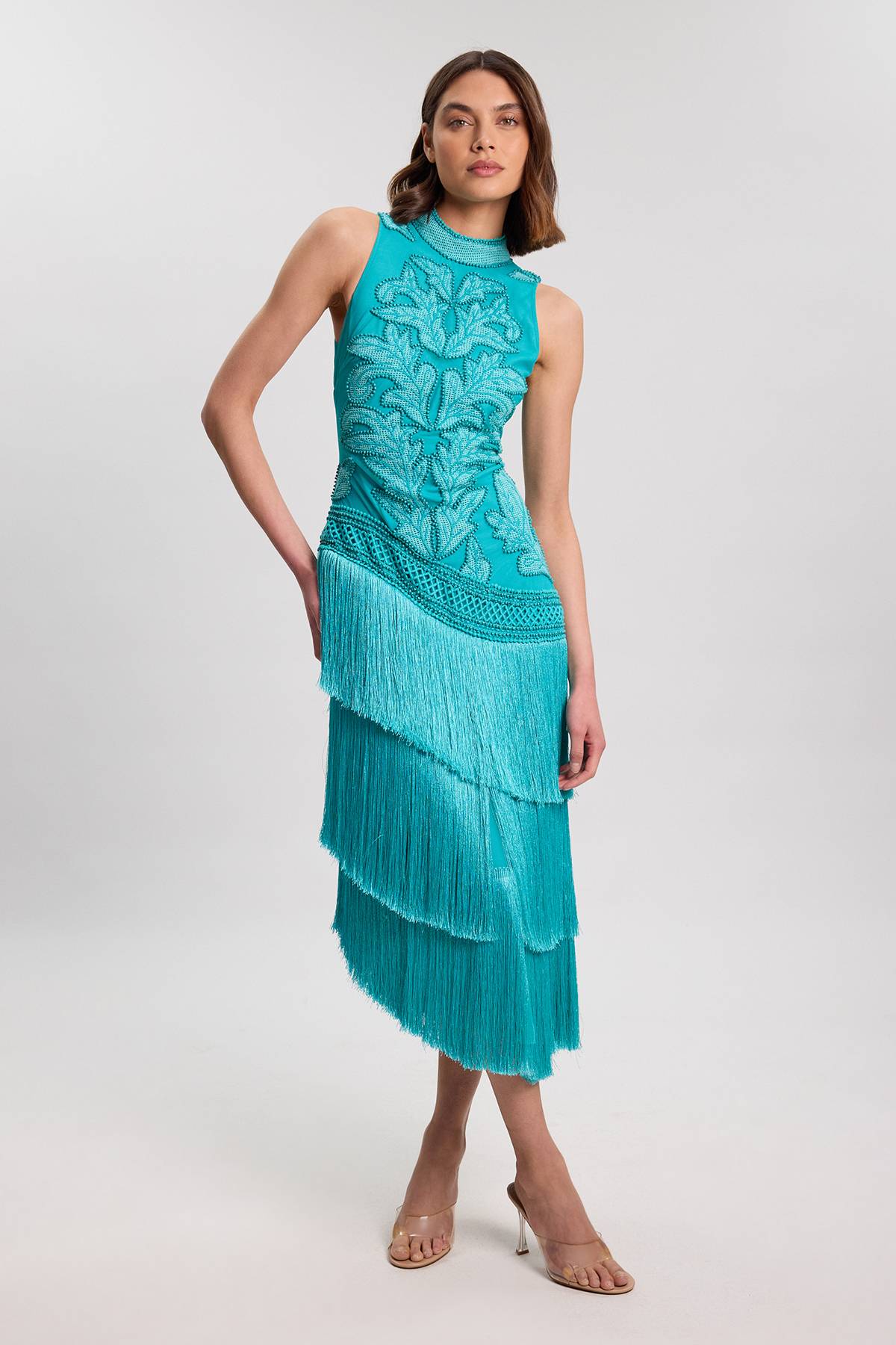 KarenMillen Robe Longue Tissée Asymétrique À Franges Et Perles Avec Encolure Dos-nu