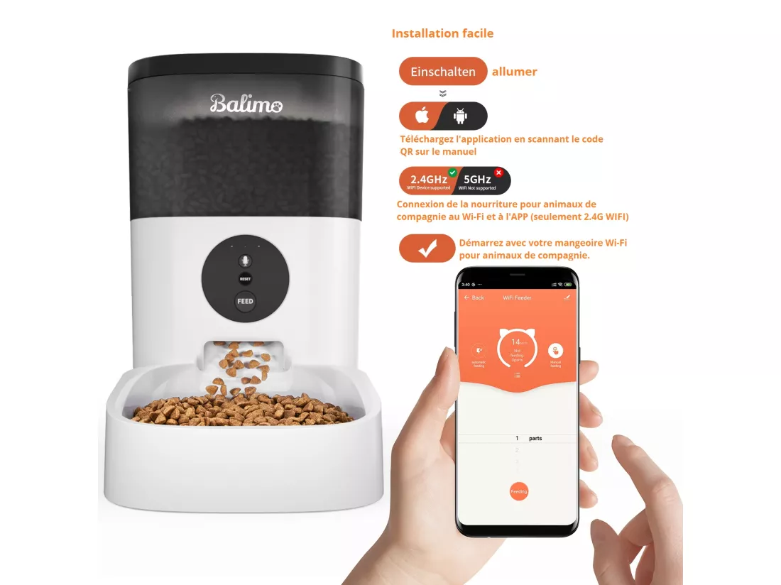 WIFI Distributeur de Croquettes Balimo 4L pour Chats/Chiens Télécommande Téléphone Portable LCD,Adaptateur Secteu /Batterie,Fonction d'Enregistrement