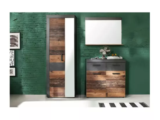 Meuble à chaussures 2 portes 2 tiroirs chêne foncé et gris Orcel