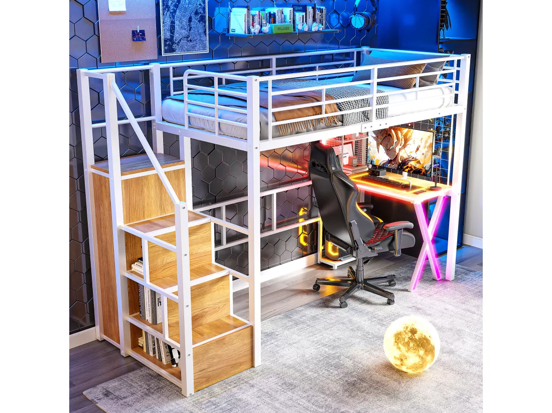 Lit mezzanine 90 x 200 cm avec bureau, penderie, étagères - Lumière d'ambiance - Métal - Blanc (sans matelas)