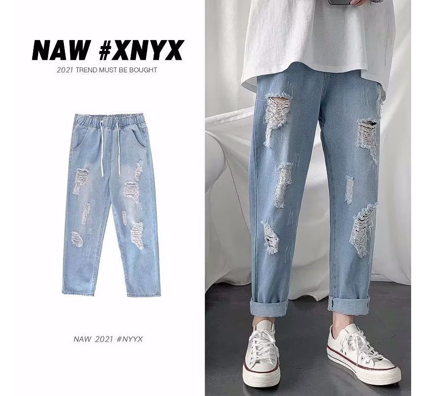 Ateso - Gewassen, versleten jeans met trekkoord in de taille, rechte pijpen