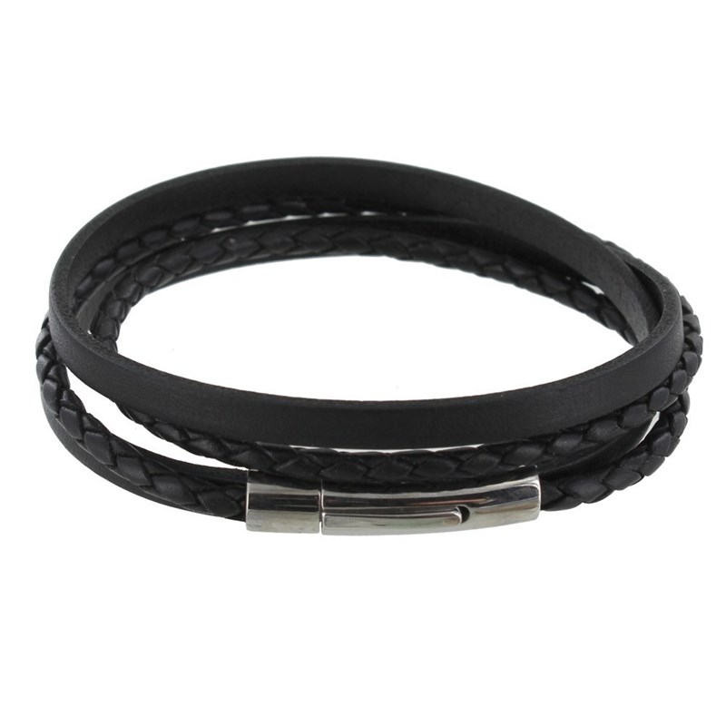 Bracelet Homme Cuir Deux Liens Plat et Tréssé Rond - Classics - Noir