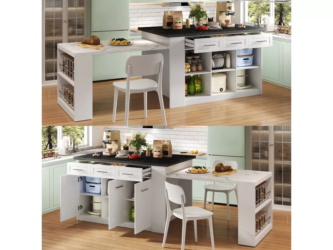 Ilot central de cuisine avec 3 portes, 6 tiroirs et compartiments - plateau extensible - 150/246 x 90 x 90 cm - Bois MDF - Blanc + noir