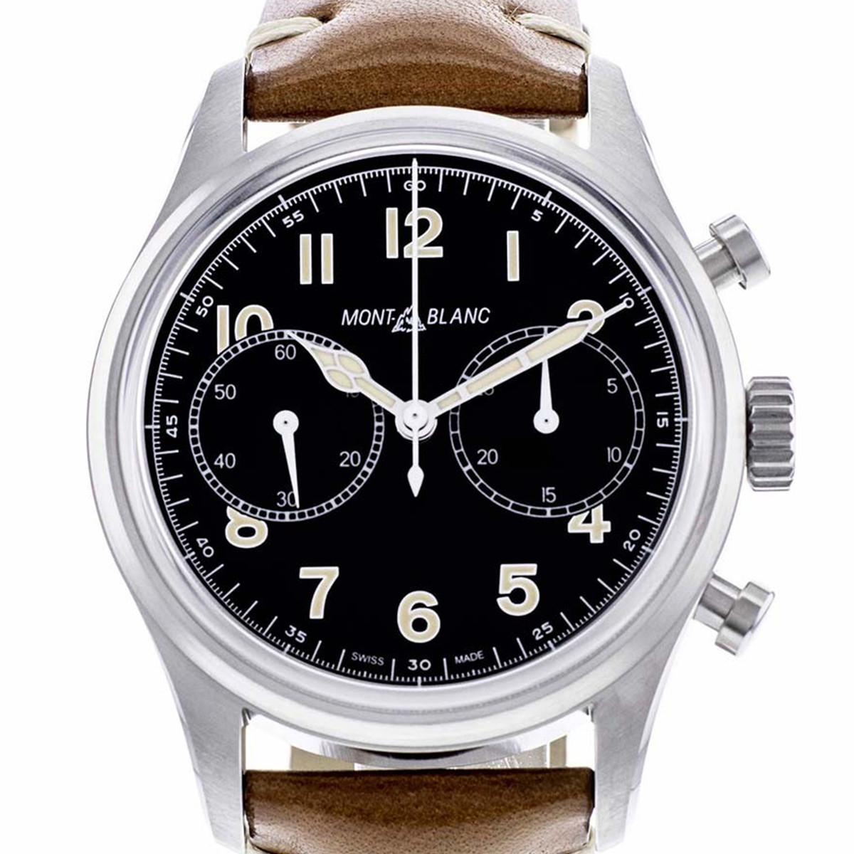 Montre d'occasion Montblanc 1858 homme chronographe automatique acier bracelet cuir marron
