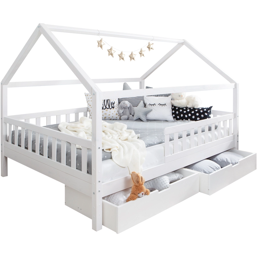 TICAA Kinderbett Hausbett Kay 140x200 inkl. Schubkästen Kiefer weiß Weiß