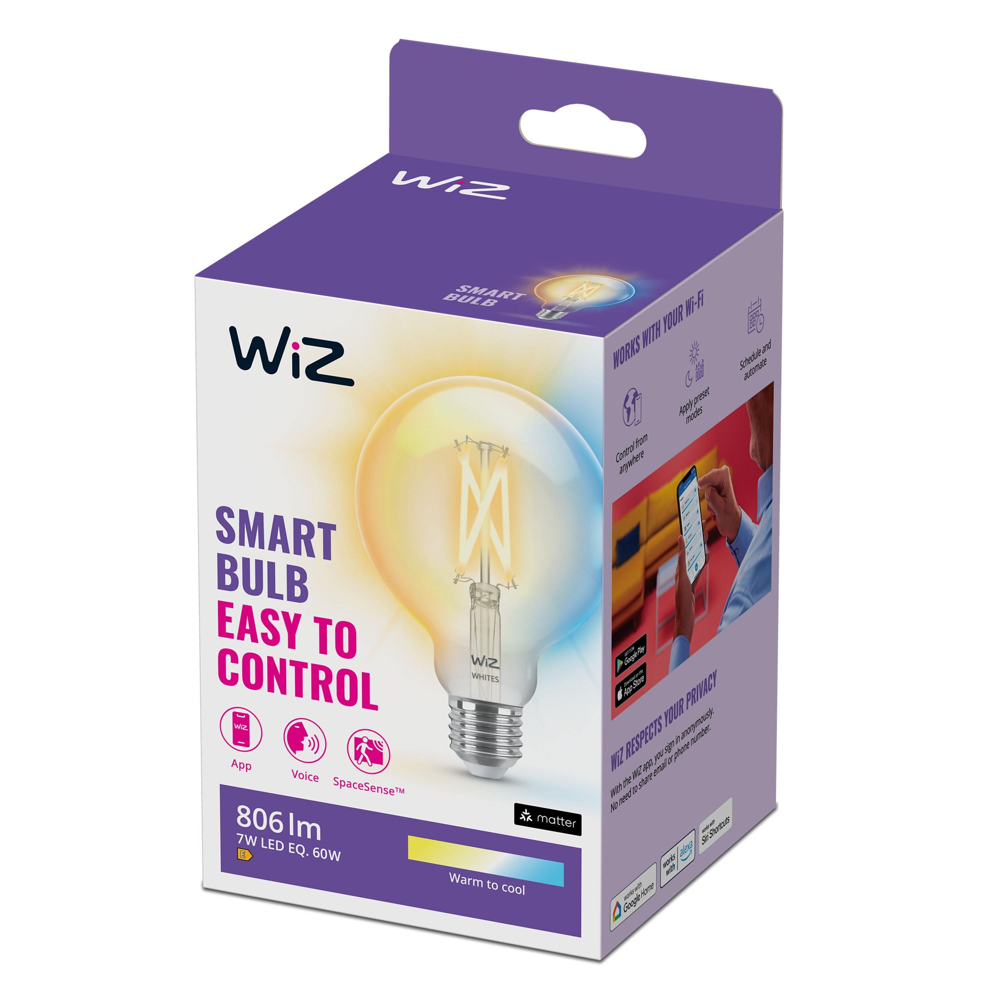 WiZ Clear Filament G95 Smart LED-pære E27 806 lm