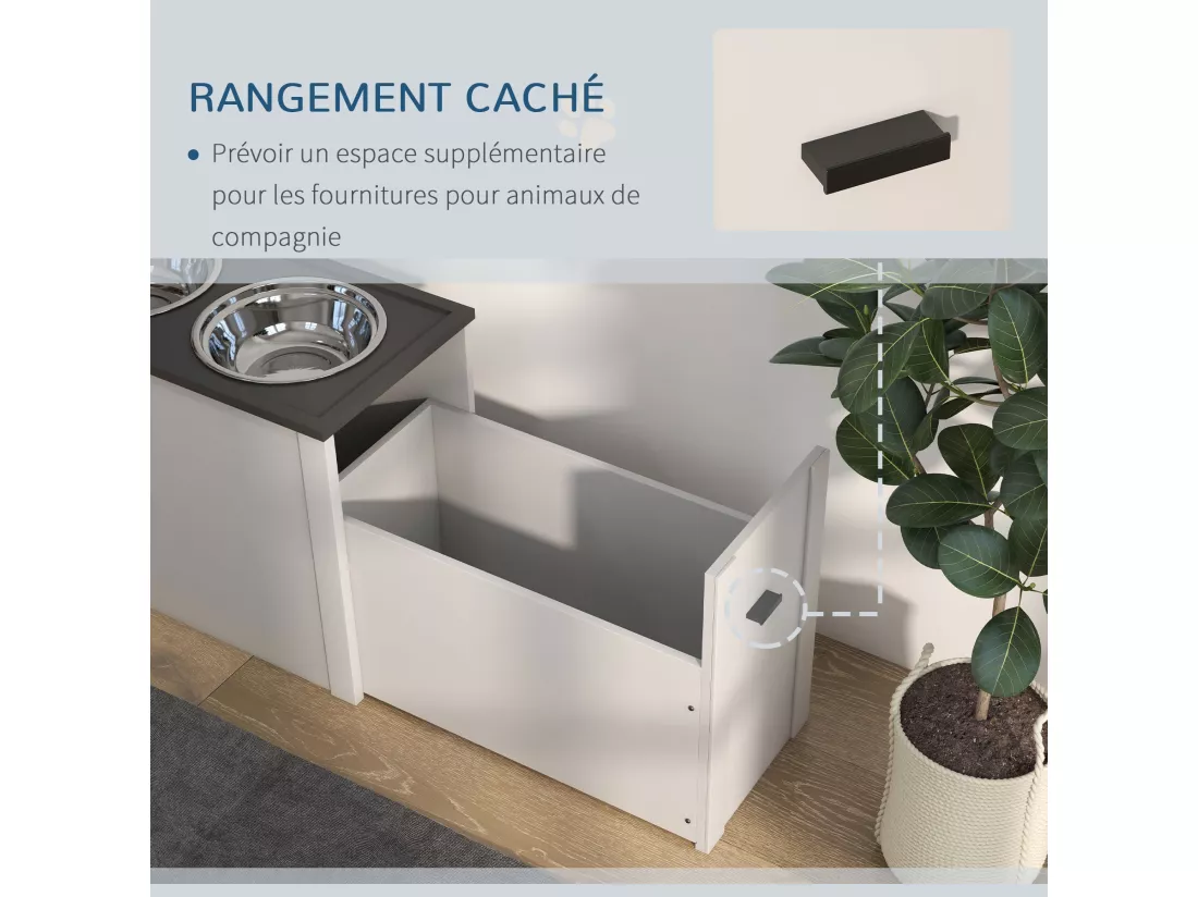 Gamelle double chien - porte-gamelles surélevé rangement 2 en 1 - tiroir, 2 gamelles - acier inox. MDF gris blanc