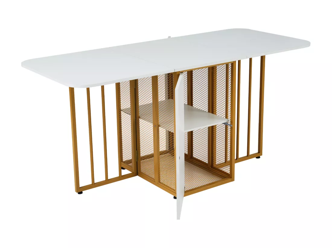 Table à Manger Rectangulaire 4 à 6 Couverts avec 2 Etagères - Panneaux de Particules - Pièds en Métal Doré - Blanc