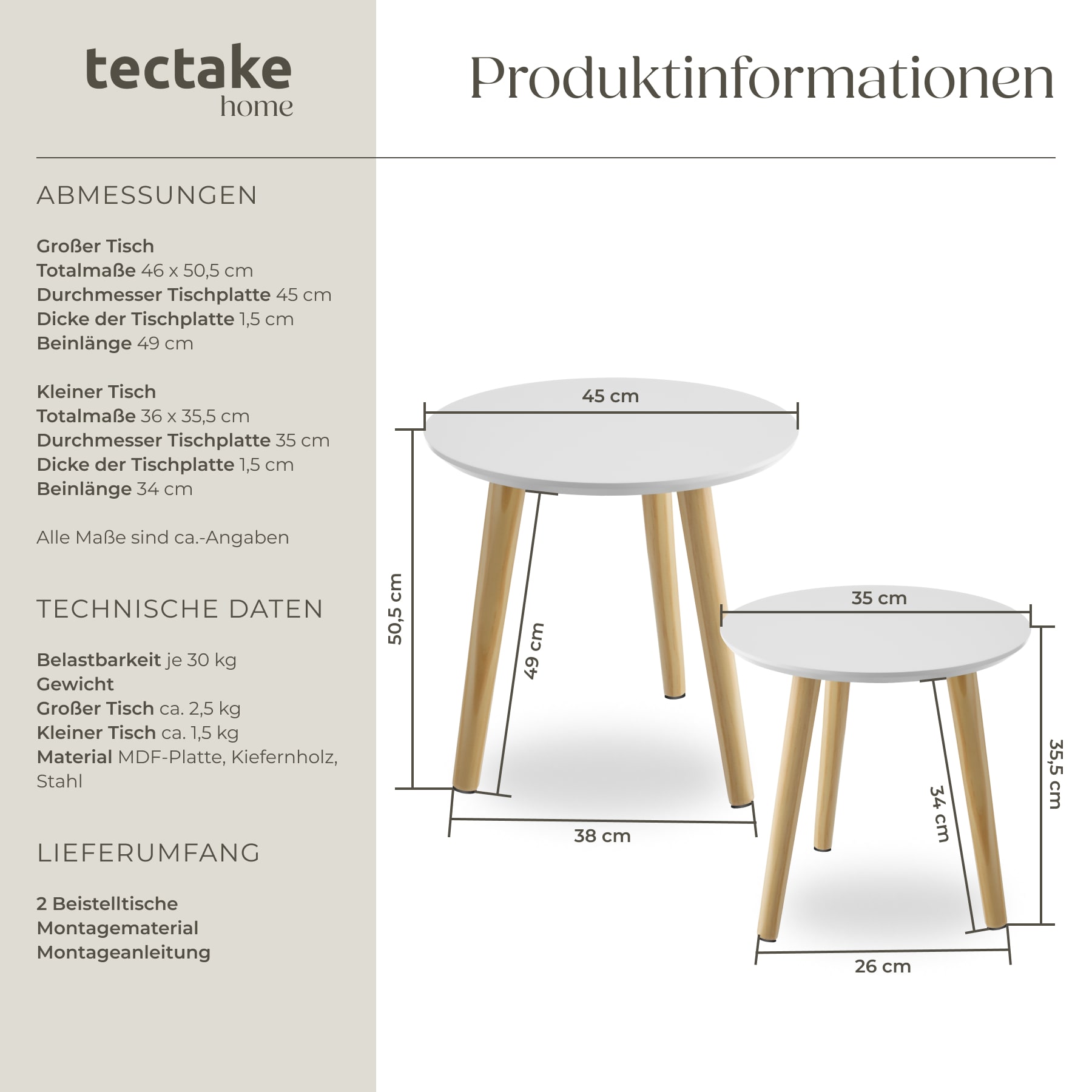tectake® 2er Set Beistelltisch, Skandi-Style, massive Holzbeine, Belastbarkeit je 30 kg
