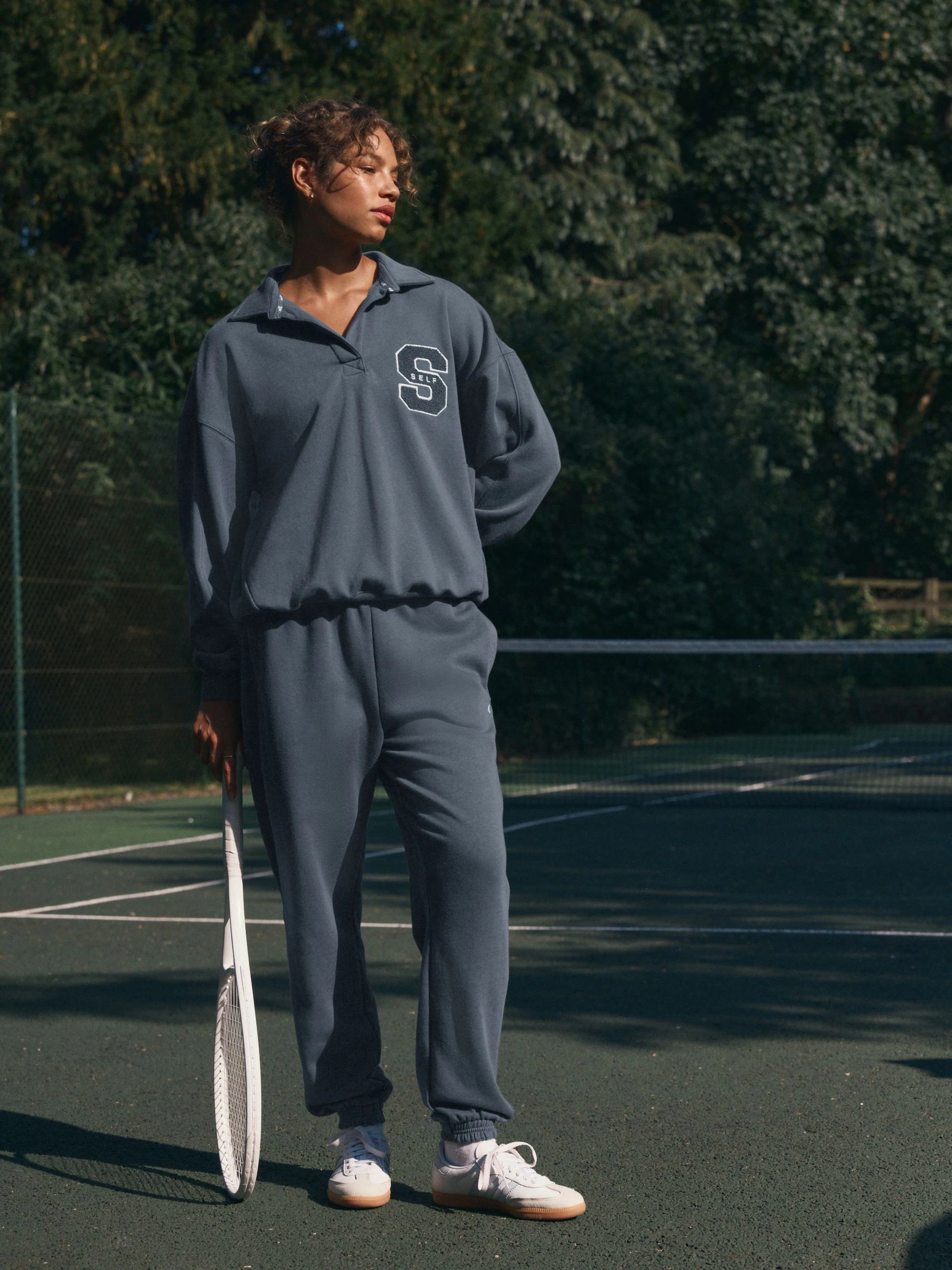 Blauw - Self. joggingbroek met boorden