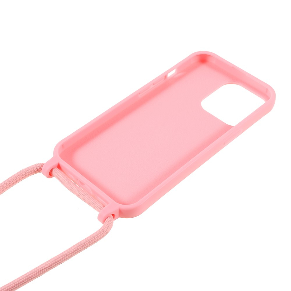 iPhone 13 Pro Necklace Gummi Case Hülle   Handykette (150cm) - Rosa / Silber