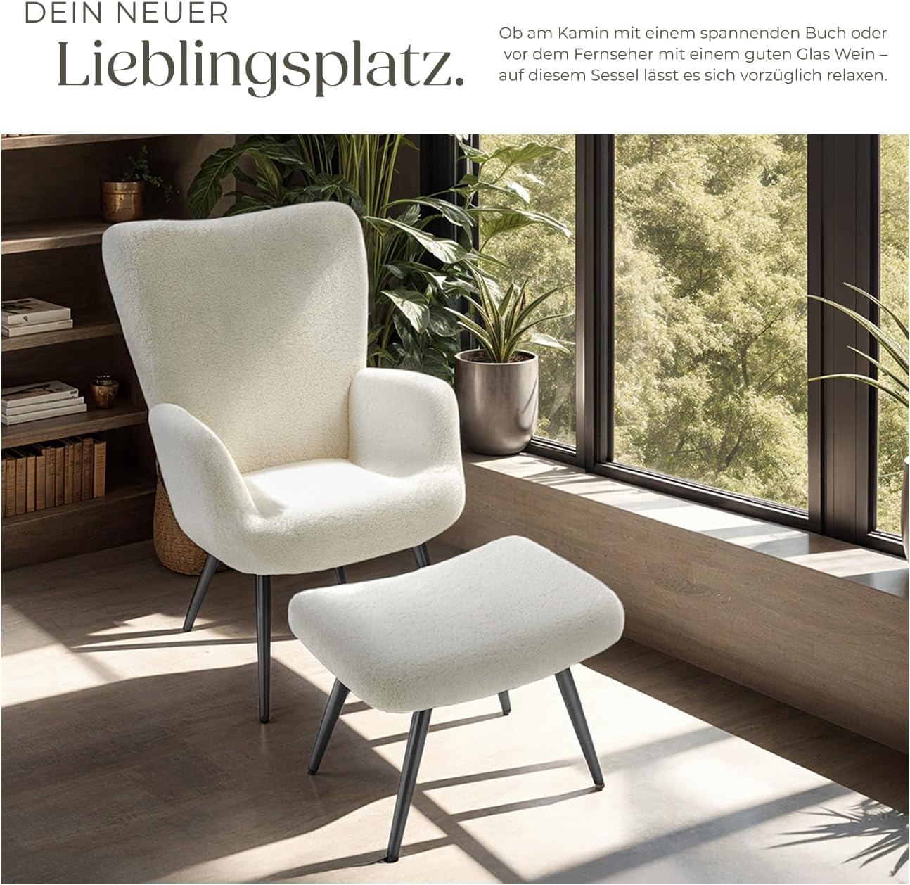 tectake® Skandinavischer Stil Ohrensessel, Sessel Hygge mit Hocker, Breitcordbezug, Sessel Wohnzimmer, Schlafzimmer, Esszimmerstuhl, Statement Loungesessel, belastbar bis 150 kg - Bouclé creme/schwarz