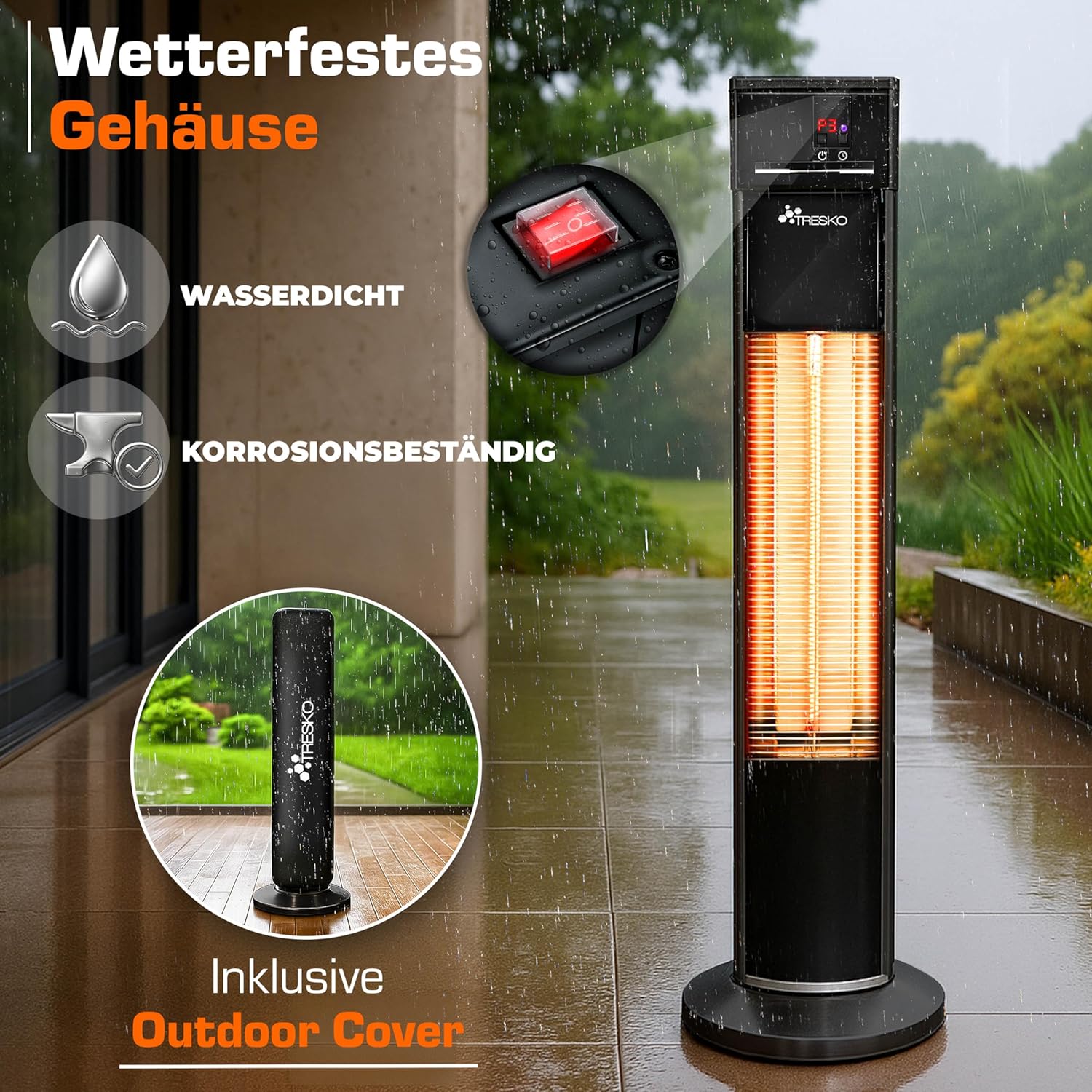TRESKO Infrarot Stand-Heizstrahler 2000W mit Fernbedienung | Wärmestrahler Terrasse elektrisch mit 3 Heizstufen | Terrassenstrahler Innen & Außen | Infrarotstrahler mit LED-Anzeige