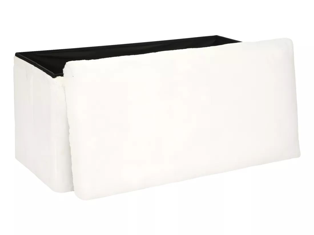 Pouf et Coffre de rangement en bois et Fourrure Blanche 76 x 38 cm