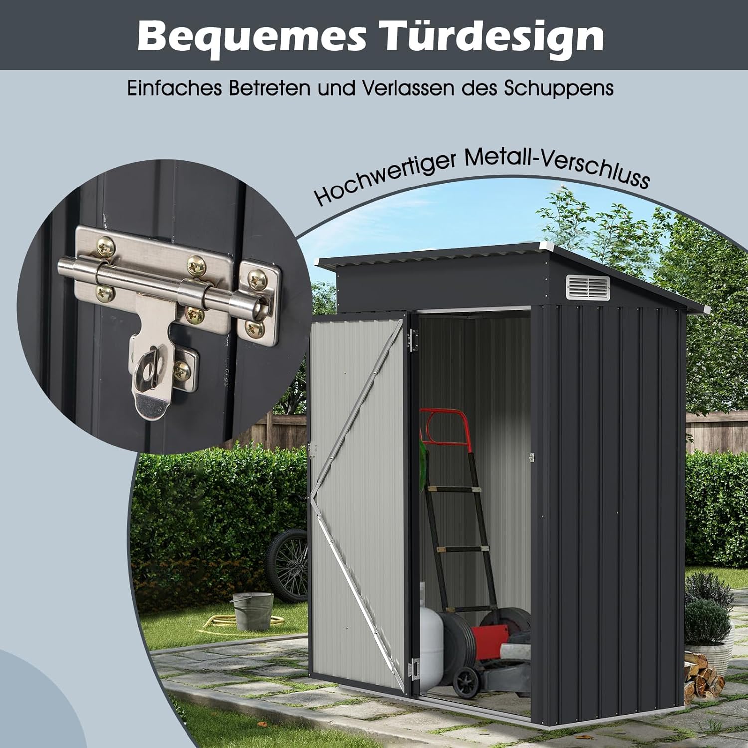 COSTWAY Gartenhaus Metall, 150 x 90,5 x 185 cm | 1,5 m³, Gerätehaus mit Pultdach & Tür, Geräteschuppen abschließbar, Gartenhütte Gartenschuppen, Garten Schuppen Outdoor (Dunkelgrau)