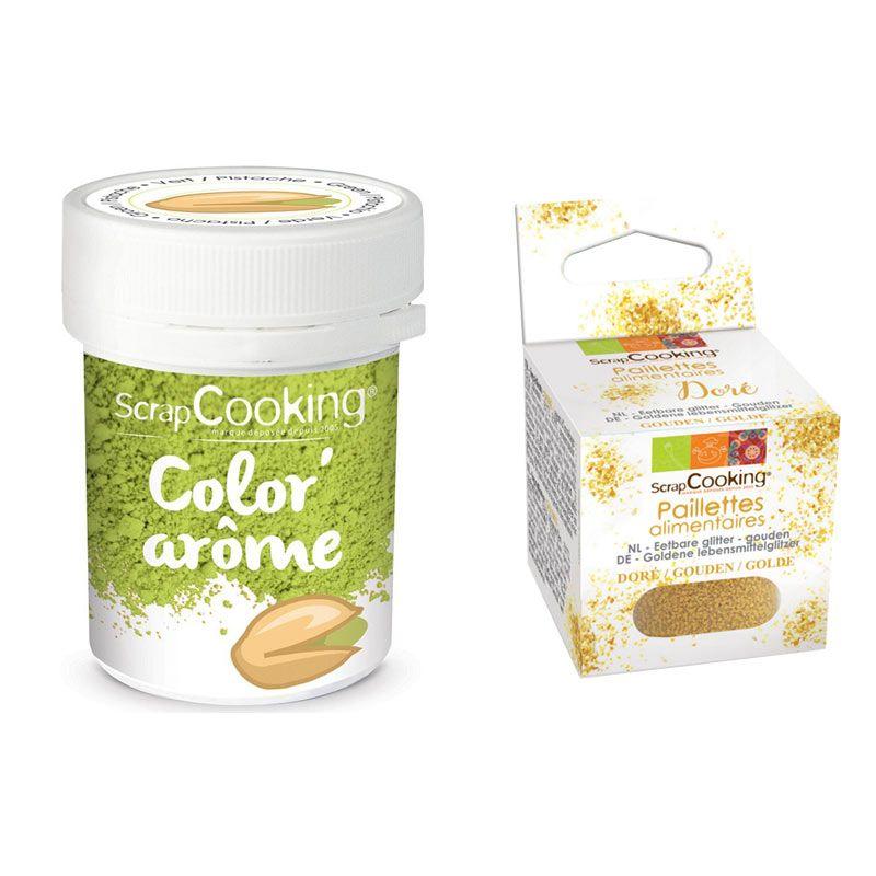 Colorant alimentaire vert arôme pistache + paillettes dorées Scrapcook
