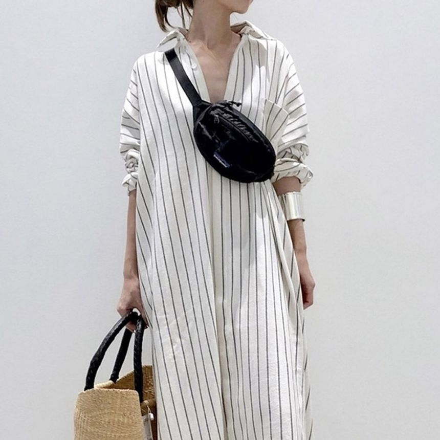 YARU - Gestreepte maxi-jurk met lange mouwen