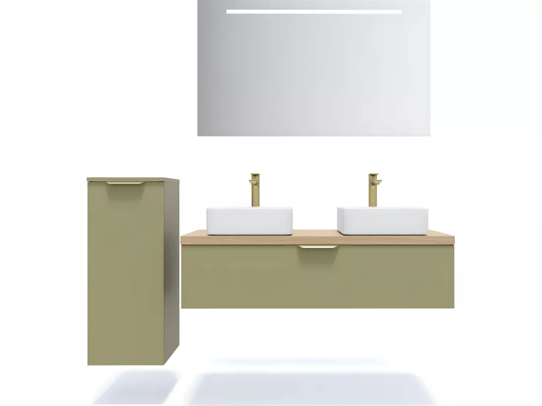 Meuble de salle de bain suspendu 2 vasques à poser 120cm 1 tiroir Vert olive - Venice