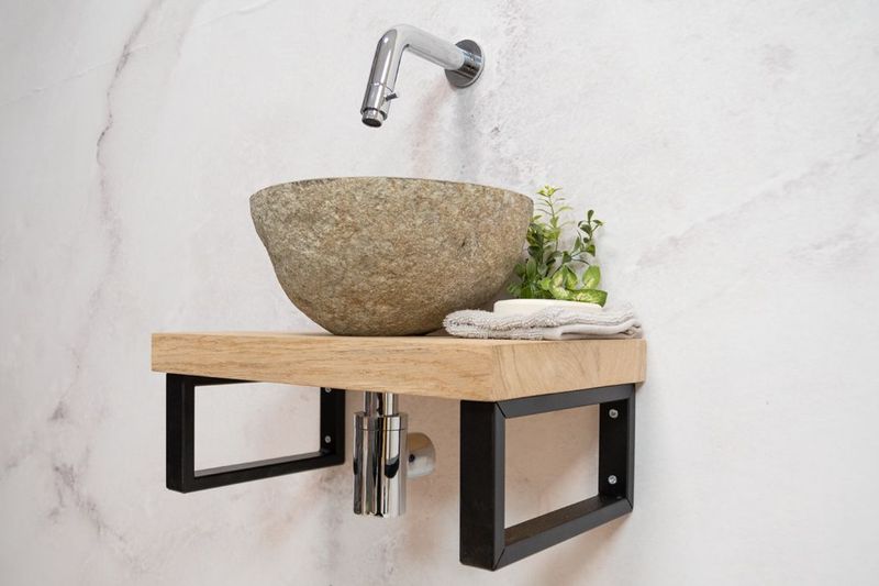 Saniclear - Baru - Fonteinset - Eiken Plank - Rivierstenen Waskom - Chromen Kraan
