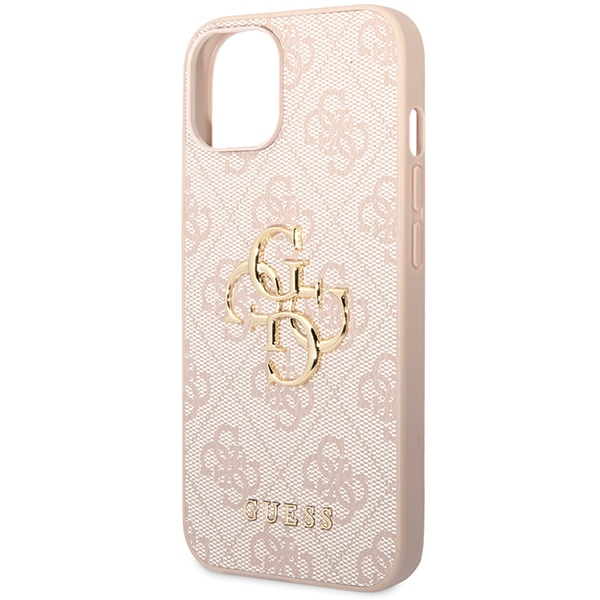 iPhone 15 Leder Hardcase Hülle Metall Logo (GUHCP15S4GMGPI) - Rosa / Gold